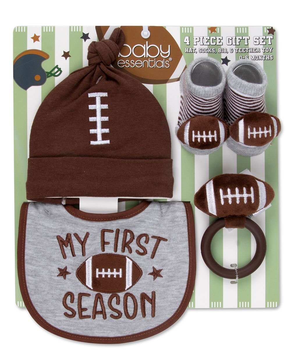 Набор из 4 предметов Baby Essentials: слюнявчик, шапочка, носки и прорезыватель с футбольным дизайном