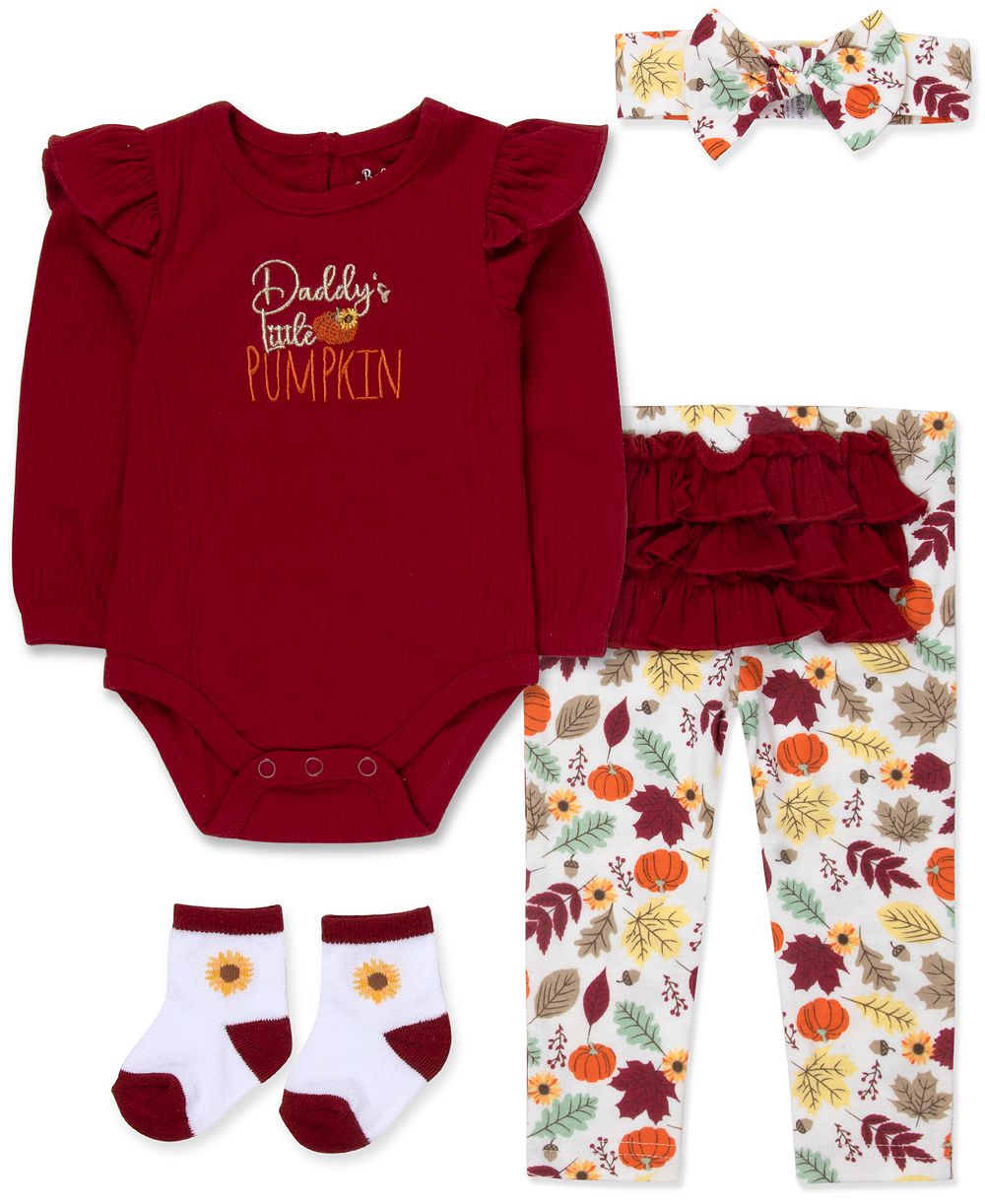 Baby Essentials, комплект из 4 предметов для девочек: боди с длинным рукавом в рубчик с надписью "Daddy's Little Pumpkin", леггинсы, ободок и носки