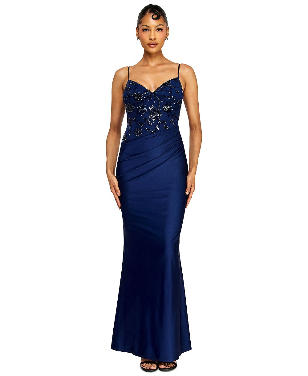 Alex & Sophia Juniors' V-Neck Beaded Sequin Asymmetrical Waist Gown