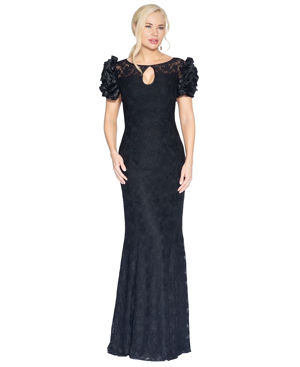 WHITE TIE by Shani Women's Satin Floral-Sleeve Keyhole Lace Gown, Macy's Exclusive