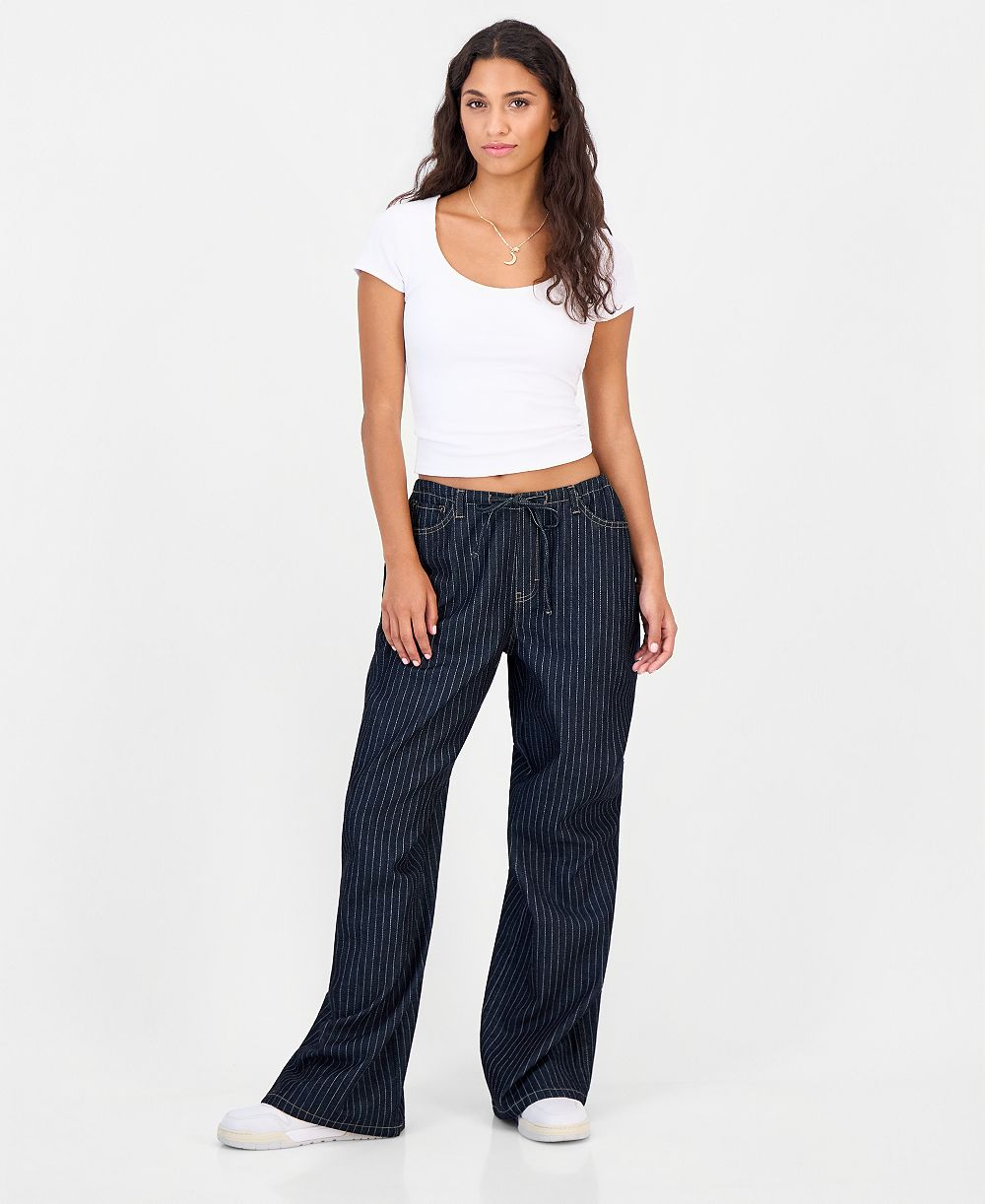Vanilla Star Juniors' Striped Wide-Leg Pull-On Jeans
