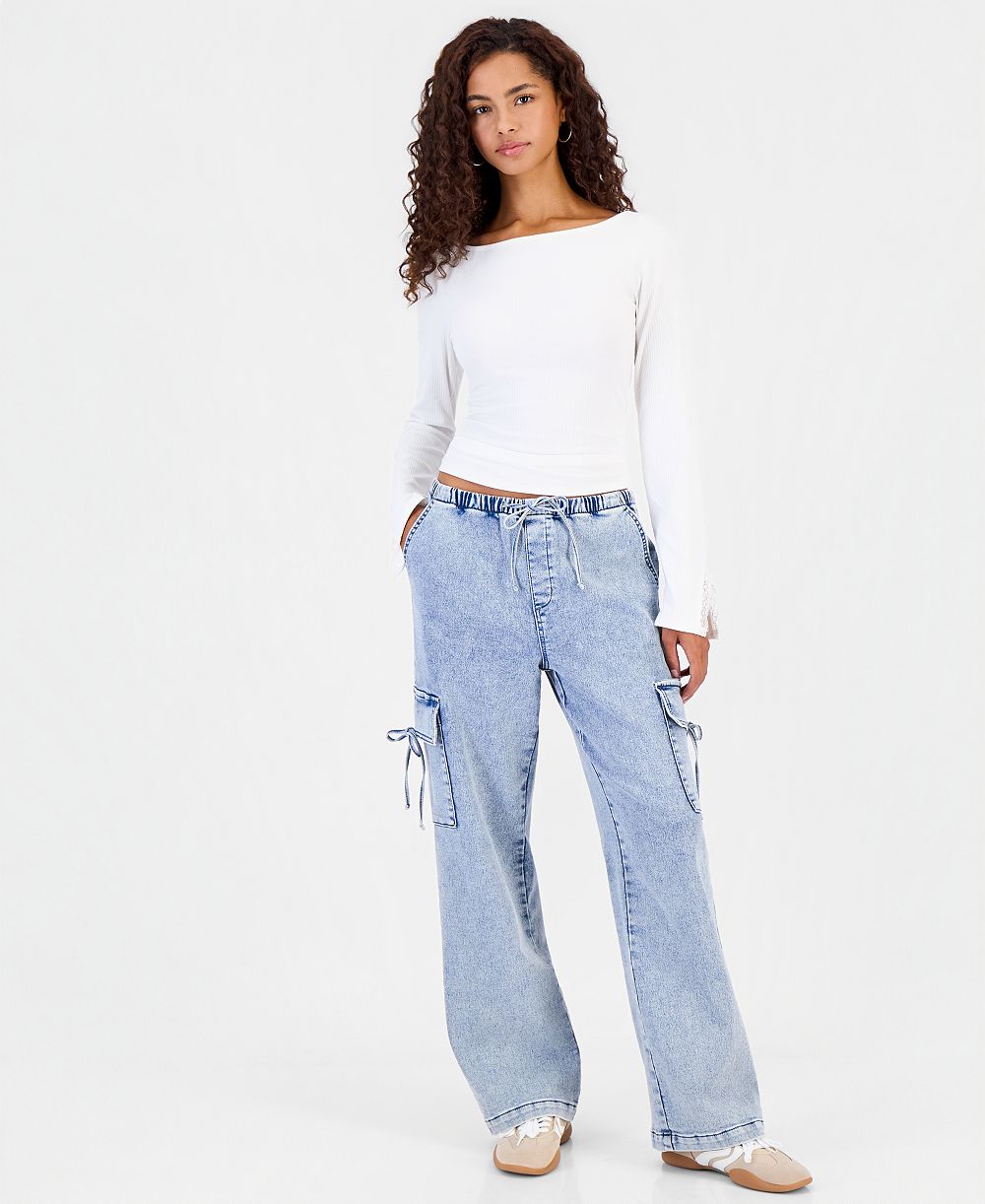 Vanilla Star Juniors' Wide-Leg Pull-On Cargo Jeans