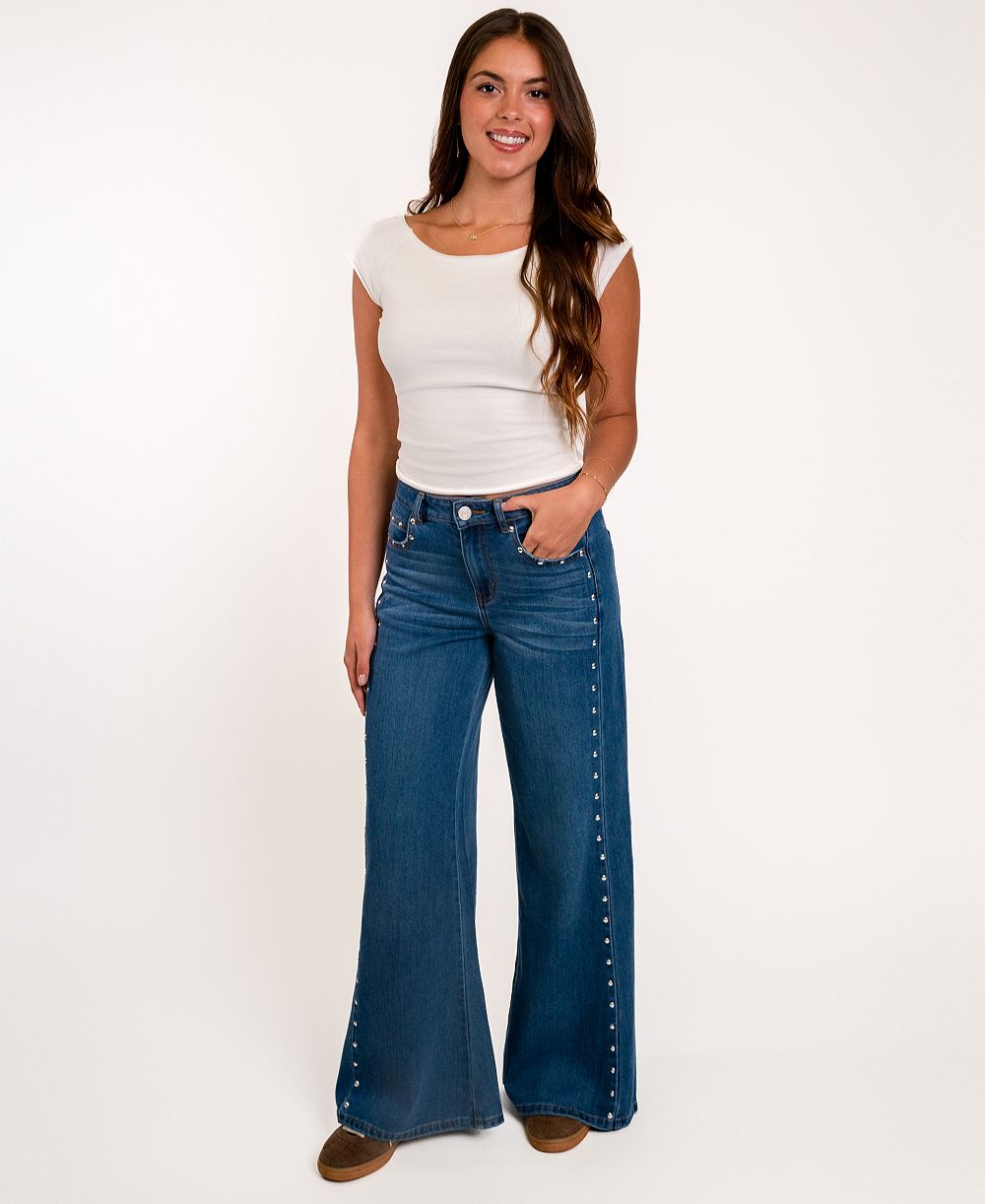 Indigo Rein Juniors' High-Waisted Wide-Leg Studded Jeans