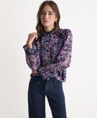 BCBG Women's Printed High-Neck Long-Sleeve Top