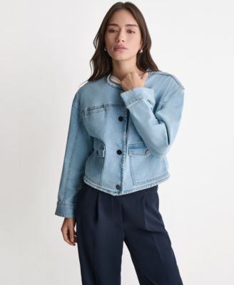 BCBG Women's Boxy Crewneck Button-Front Denim Jacket