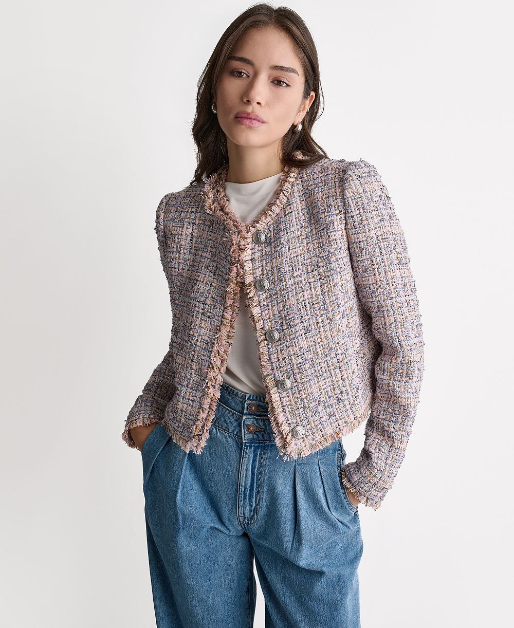 BCBG Women's Crewneck Fringe Detail Tweed Jacket