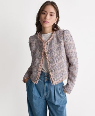 BCBG Women's Crewneck Fringe Detail Tweed Jacket