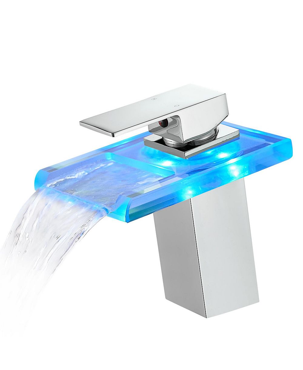 PHYING Bathroom Sink Faucet LED Light 3 Colors Changing Waterfall Glass Spout Hot Cold Water Mixer Single Handle One Hole Deck Mounted Bathroom Faucet