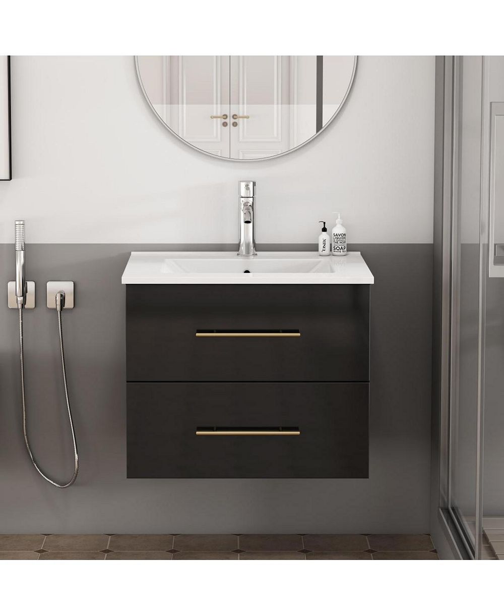 Sillysis Wall Mounted Bathroom Vanity with Ceramic Sink, Double Drawers, Modern Glossy Cabinet for Small Spaces