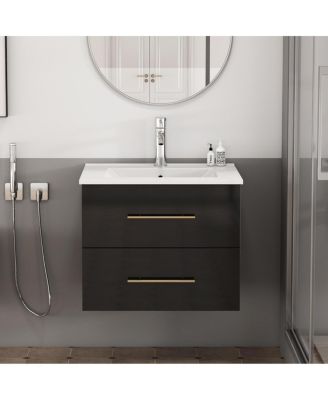 Sillysis Wall Mounted Bathroom Vanity with Ceramic Sink, Double Drawers, Modern Glossy Cabinet for Small Spaces