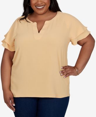 HEARTS OF PALM Plus Size Solid Crinkle Double Flutter-Sleeve Top