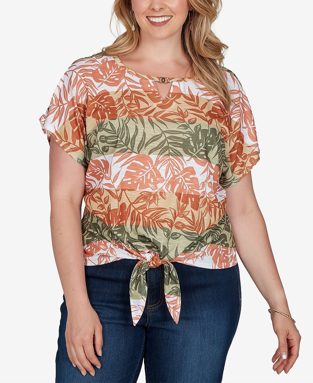 HEARTS OF PALM Plus Size Printed Knit Tie-Front Top