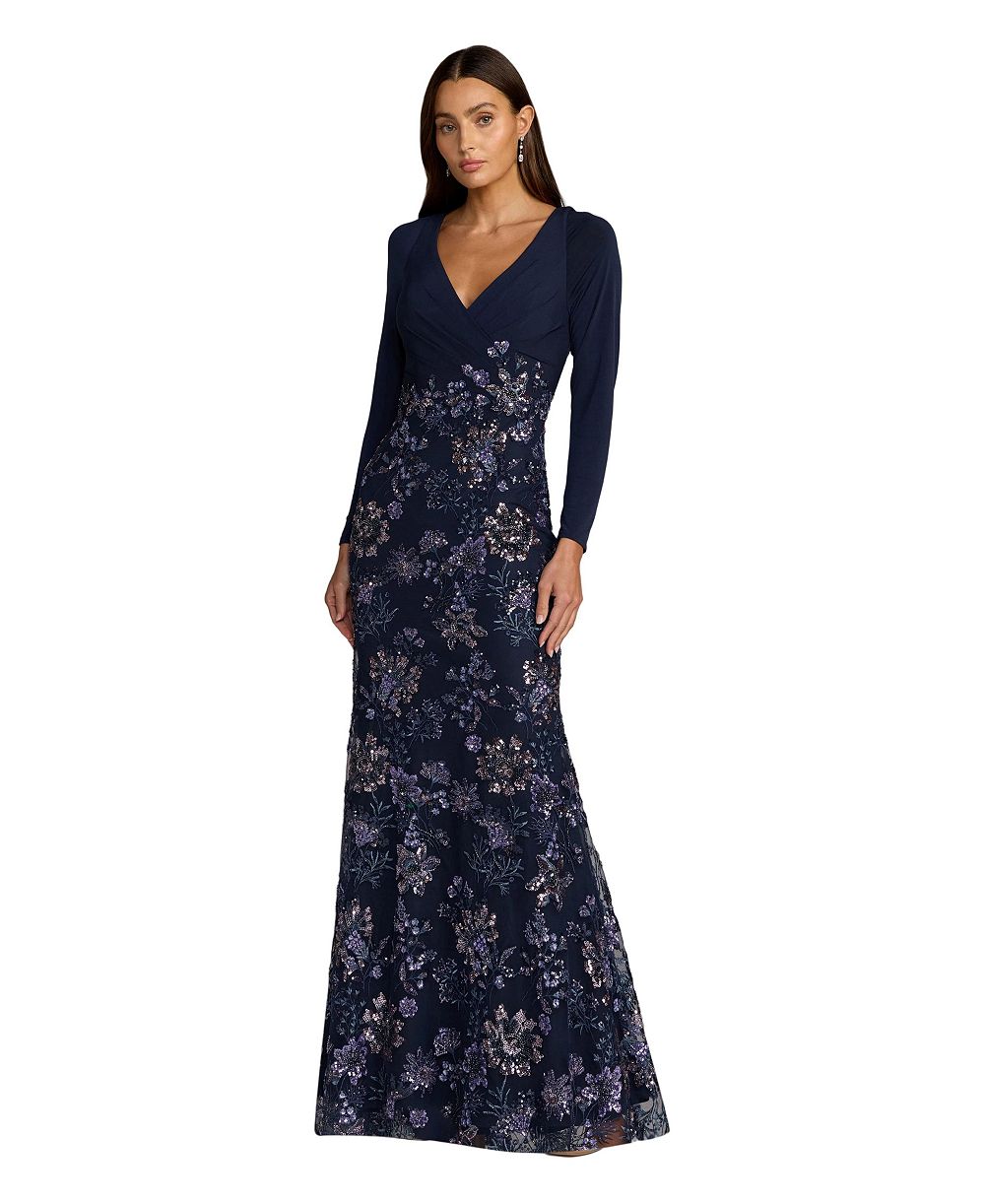 Mac Duggal платье Maxi Petite Navy Floral Embroidered Jersey Long Sleeve