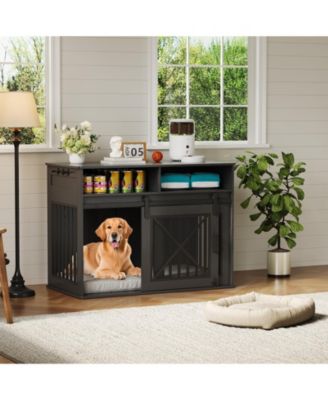 gaomon 44.5'' Dog Crate Furniture with Storage Drawers, Wooden Double Dog Cage TV Stand with 2 Sliding Barn Doors, for Medium/Large Breeds