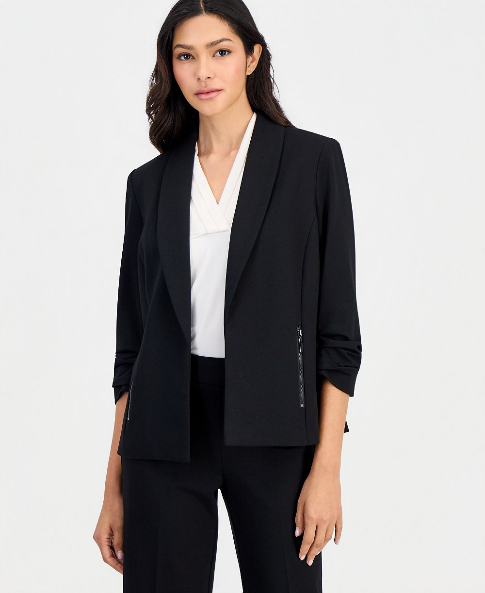 Anne Klein Essentials Petite 3/4-Sleeve Open-Front Zip-Pocket Jacket