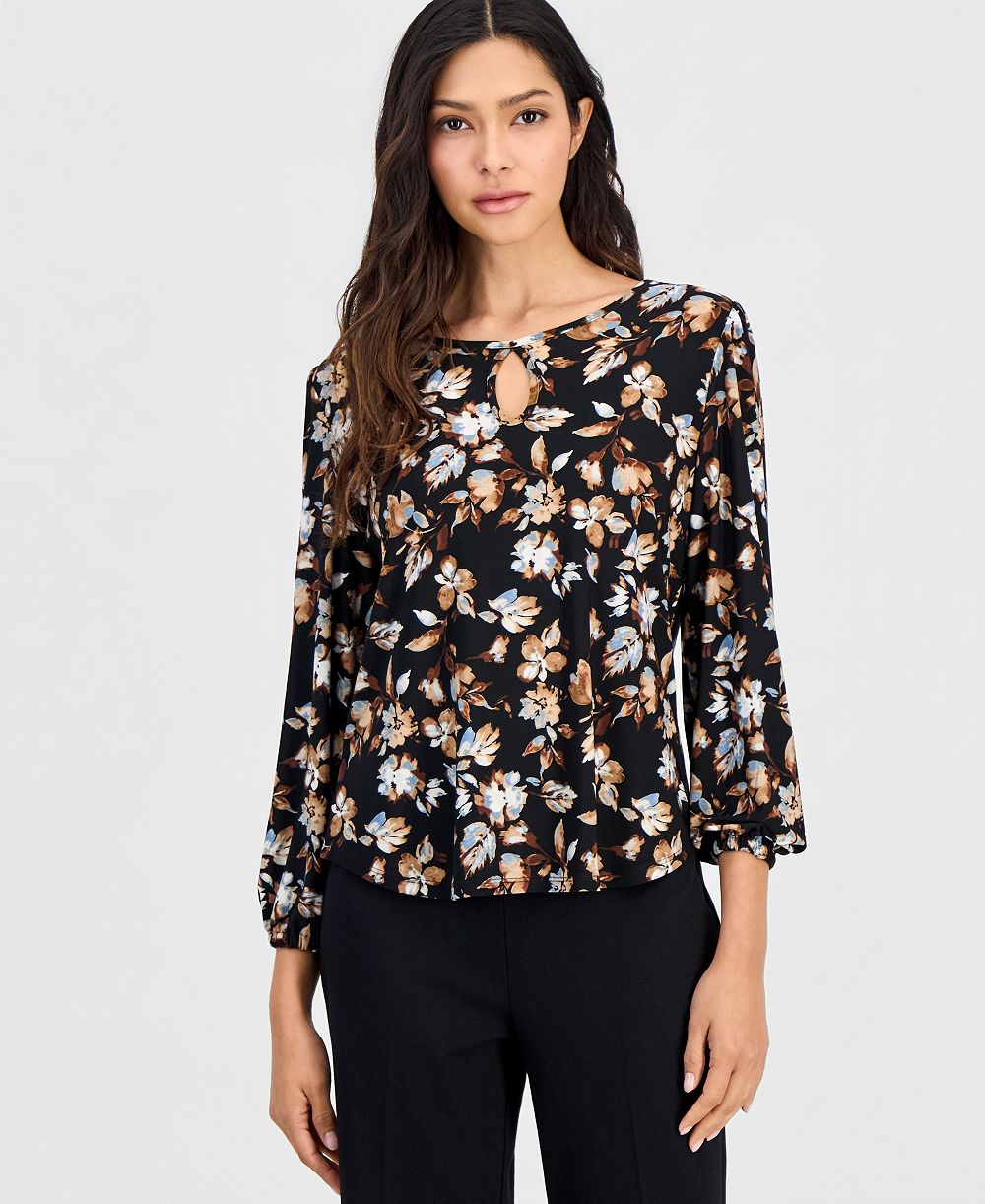 Женская блузка Anne Klein Essentials Petite 3/4-Sleeve Floral-Print Keyhole
