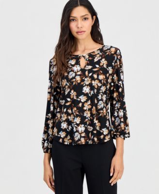 Anne Klein Essentials Women's Petite 3/4-Sleeve Floral-Print Keyhole Blouse