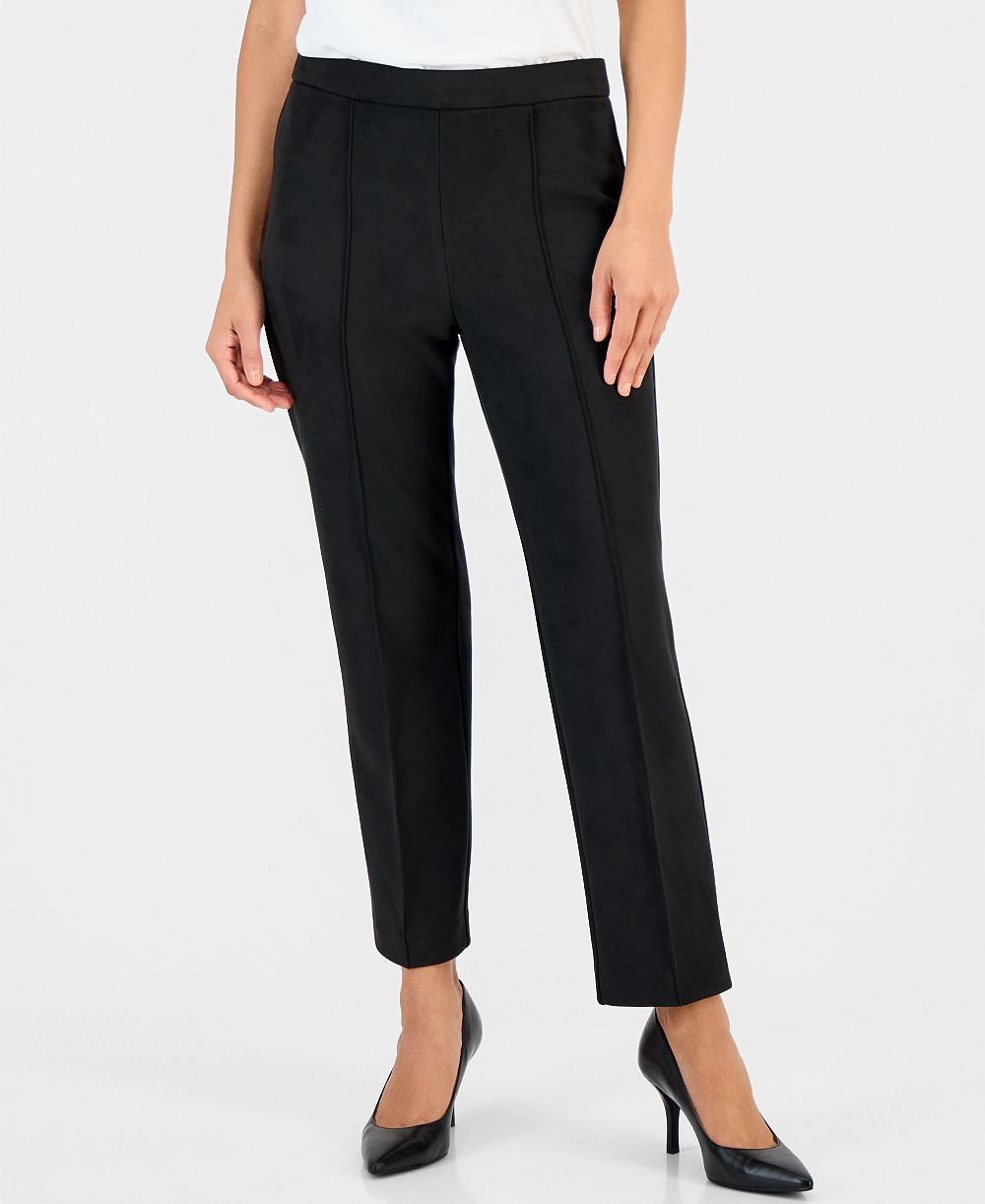 Anne Klein Essentials Petite Faux Suede Pull-On Straight-Leg Pintuck Pants