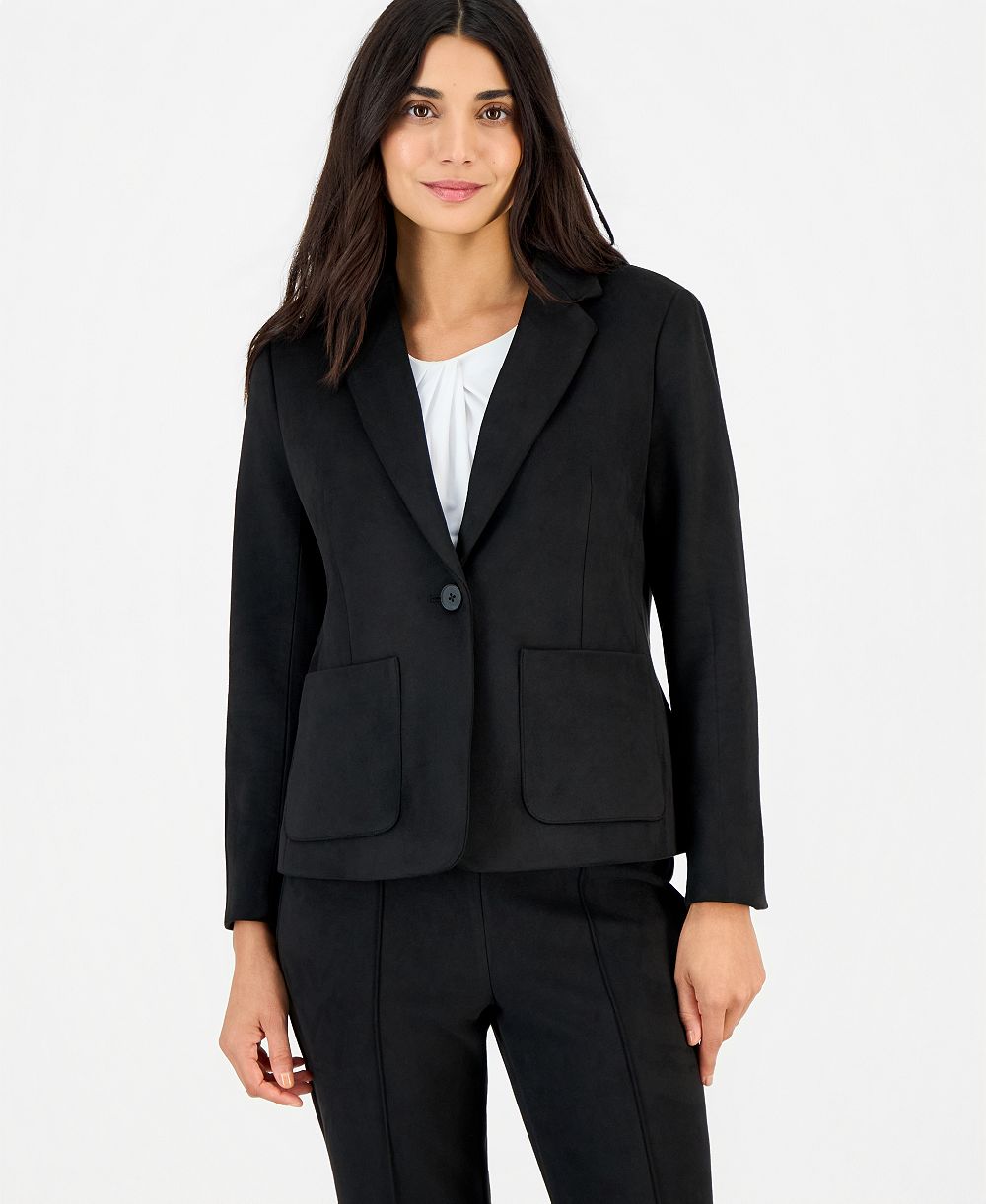 Anne Klein Essentials Petite Faux Suede One Button Patch-Pocket Jacket