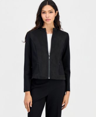 Anne Klein Essentials Petite Faux Suede Combo Zip Jacket