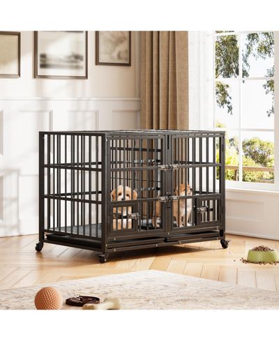gaomon 42 inch Heavy Duty Dog Crate, Large Metal Dog Crate with 2 Feeding Door and Blows, Pet Cage House with Removable Tray and Wheels for s/m/l Dogs