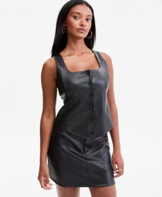 Bar III Женская Faux-Leather Scoop-Neck Button- التمثقتل Vest
