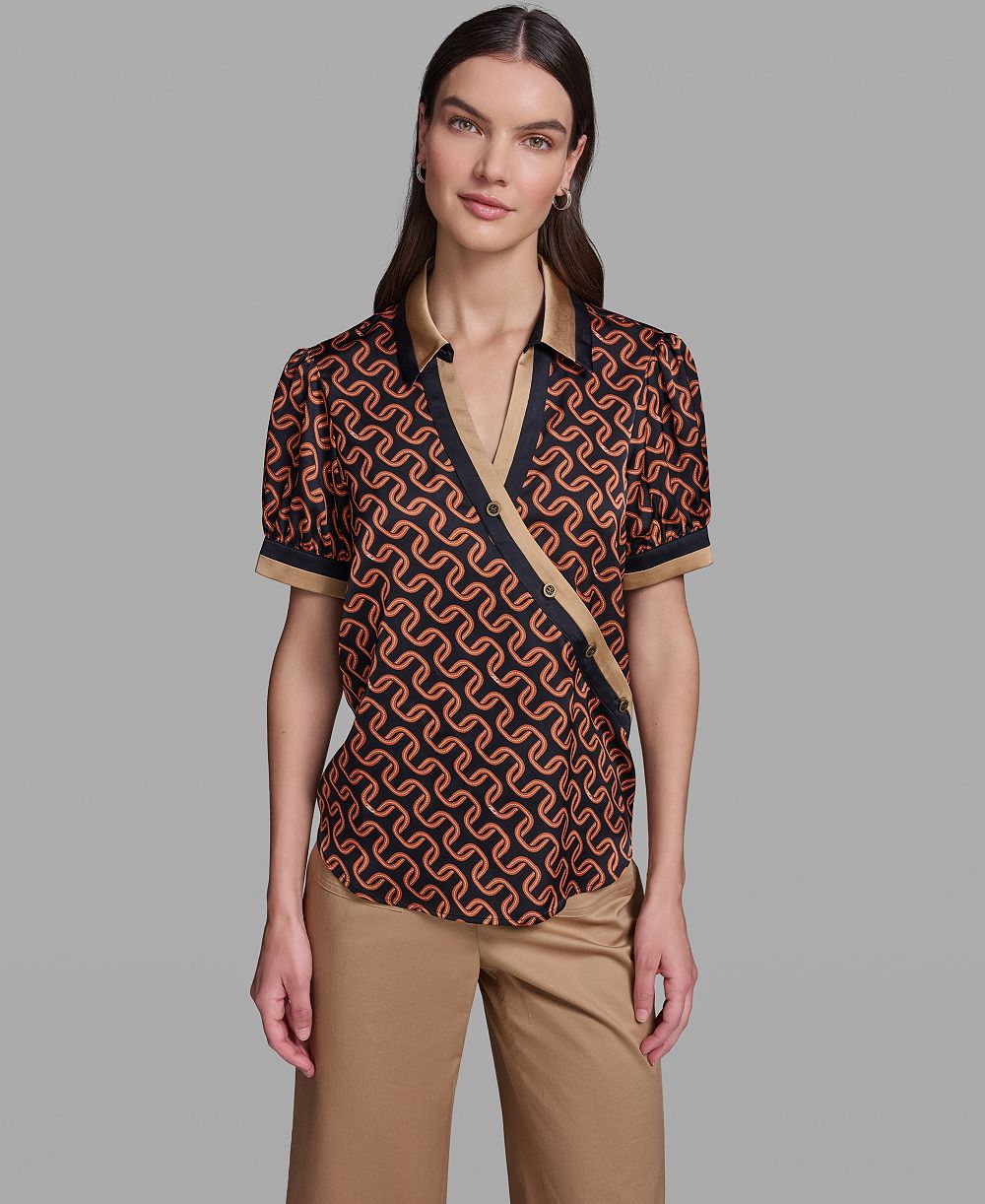 KARL LAGERFELD PARIS Women's Geometric Print Satin Button-Front Blouse
