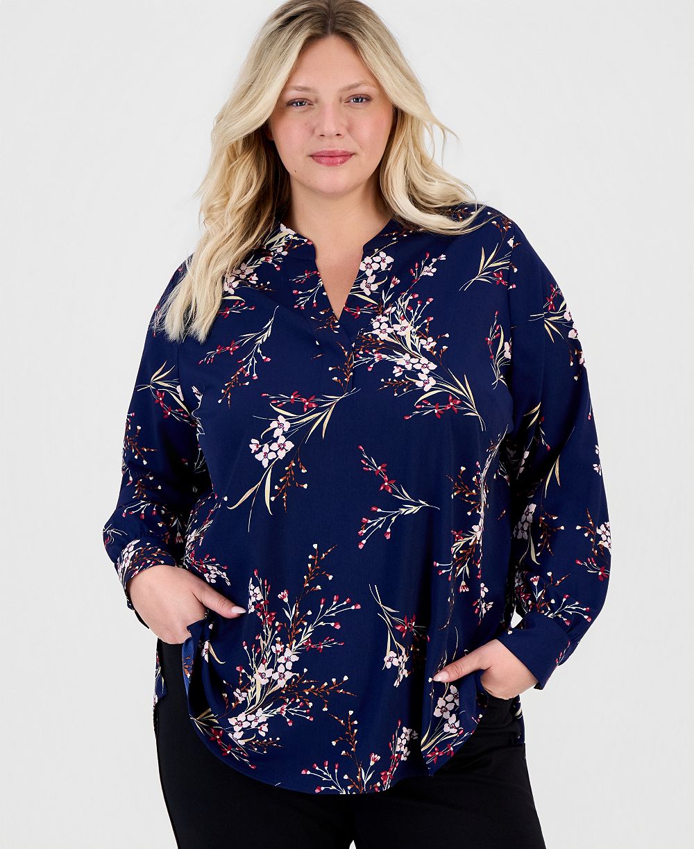 Jones New York Plus Size Split V-Neck Printed Popover Top