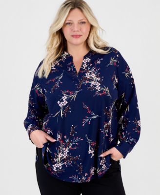 Jones New York Plus Size Split V-Neck Printed Popover Top