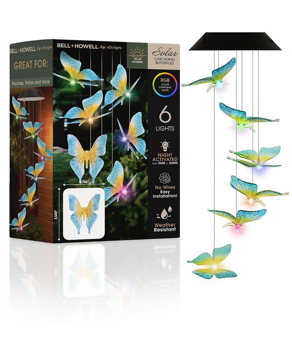 Bell + Howell Solar Cascading Butterflies RGB Color-Changing Hanging Light - 6 LED Outdoor Solar Powered Decorative Garden Light