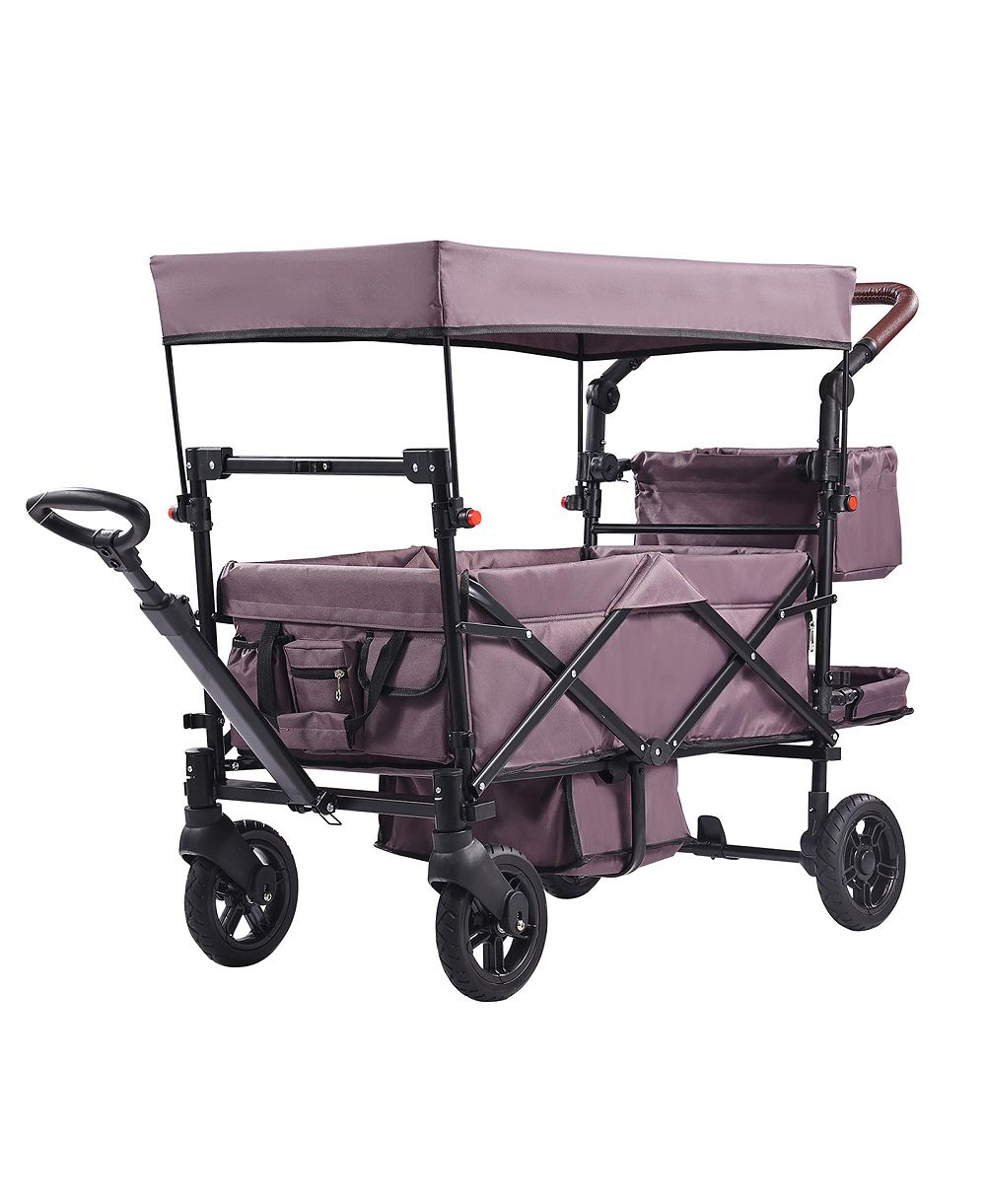 RAINSKEN Wagon Stroller for 2 Kids, Push Pull Collapsible Utility Cart with Adjustable Handle, Encircling Harness and Removable Canopy for Outdoors