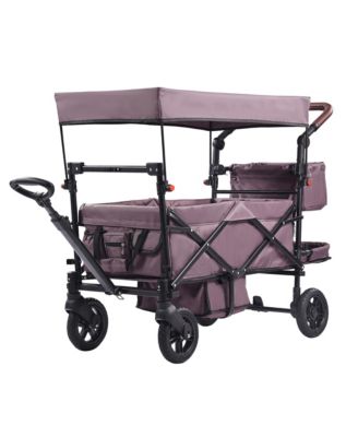 RAINSKEN Wagon Stroller for 2 Kids, Push Pull Collapsible Utility Cart with Adjustable Handle, Encircling Harness and Removable Canopy for Outdoors