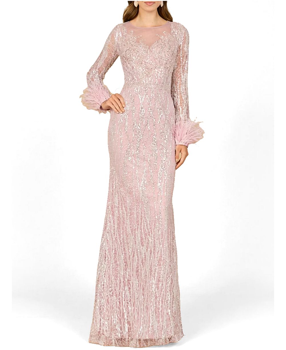 Lara Women's Long Sleeve Sheath Gown with Feathers
