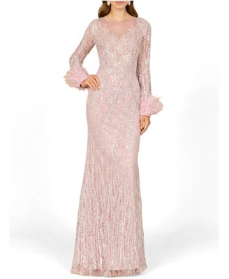 Женское вечернее платье Lara Long Sleeve Sheath Gown с перьями