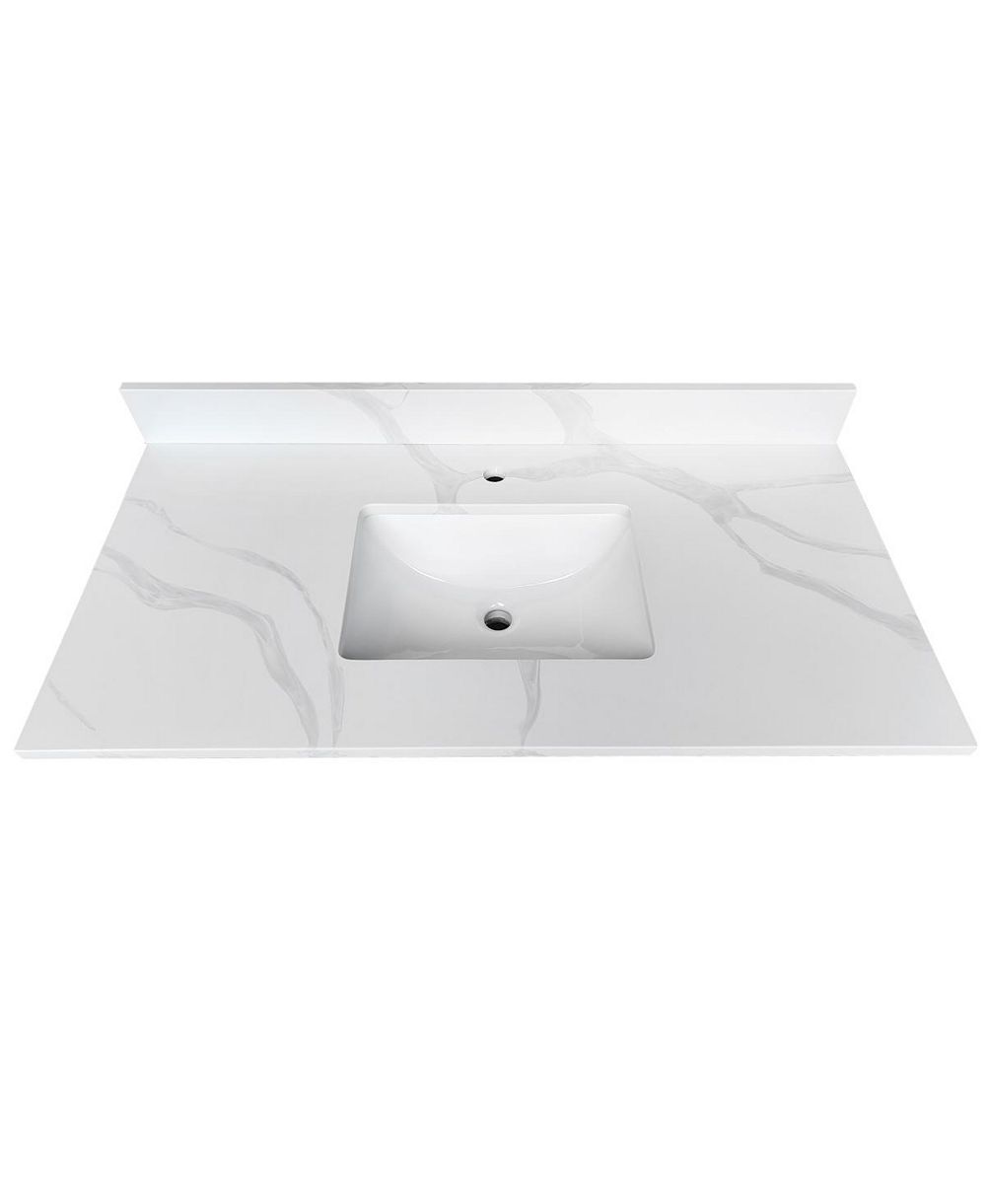 Sillysis Quartz Bathroom Vanity Top with Undermount Sink, Carrara Style, 4" Backsplash, 1 Faucet Hole, 31/37/43 Inch, Modern Luxury Design