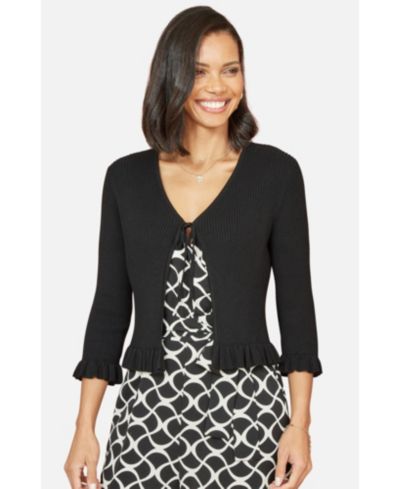 Yumi Women's Tie Front Frilled Hem Ribbed Cardigan