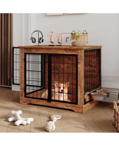 GAOMON Heavy Duty Wooden Dog Crate Furniture - Indoor Pet Kennel End Table с двойными дверями, 2 вращающимися чашами, для маленьких и средних собак
