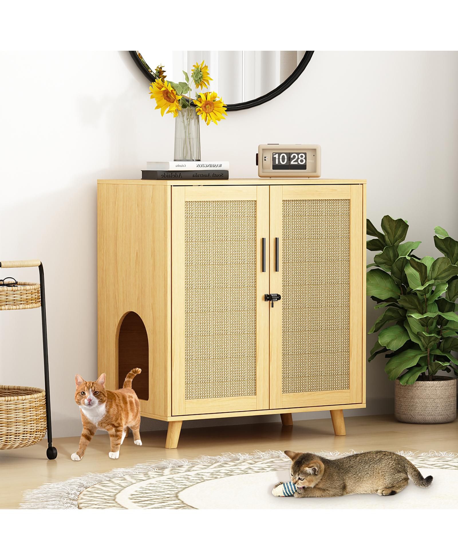 Litter Box Cabinet with Scratch-Resistant Doors - Large Wooden Cat Litter Station with Removable Shelves | Hidden Cat Toilet Furniture