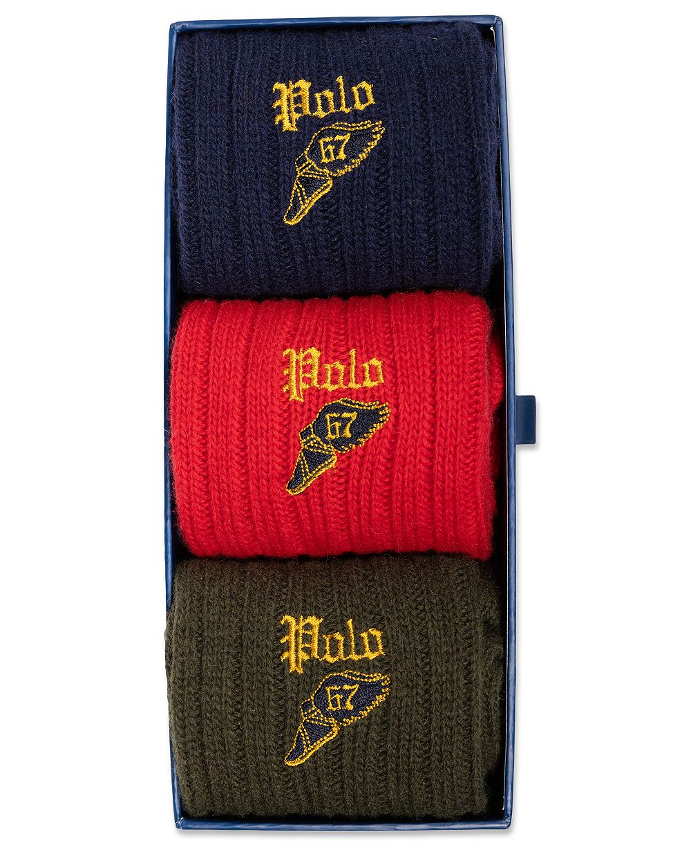 Polo Ralph Lauren Men's Wool-Blend Ribbed Boot Socks, 3-Pack Gift Box