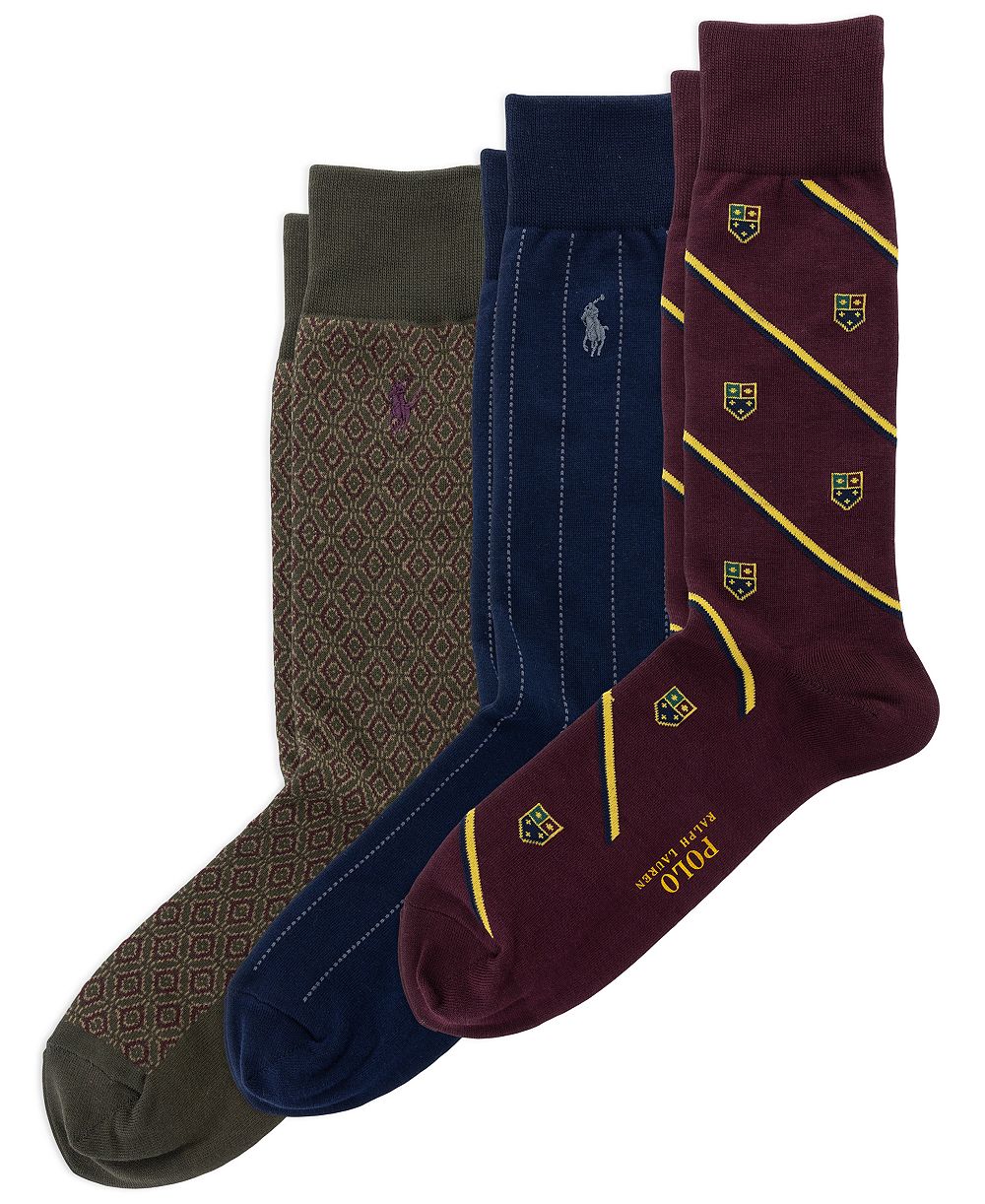 Polo Ralph Lauren Men's Novelty Slack Striped Cotton-Blend Embroidered Pony Crew Socks, 3-Pack