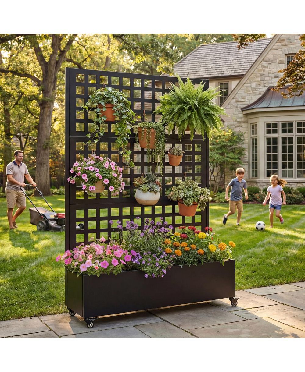 Streamdale Furniture Metal Raised Garden Bed with Wheels, Trellis, and Privacy Screen, 73"x47"x16