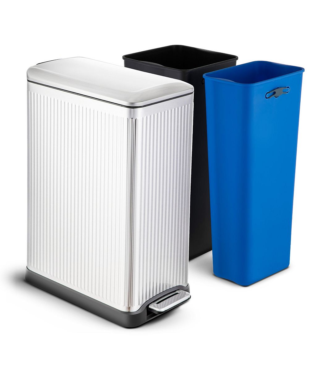 Home Zone Living 13 Gallon Dual Compartment Kitchen Trash Can with Step Pedal, Soft-Close Lid and Reeded Stainless-Steel Body