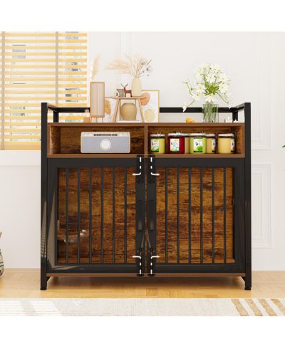 gaomon 48'' Heavy Duty Wooden Dog Crate Furniture for Large or Medium Dogs - Double Doors, 2 Storage Drawers, 360degree(s) Swivel Raised Feeder