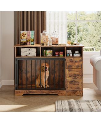 gaomon 48 Inch Large Dog Crate Furniture, Farmhouse Dog Kennel with Dog Bowl, 3 Open Drawers, Heavy Duty Dog Crate Table for Large Medium Dogs