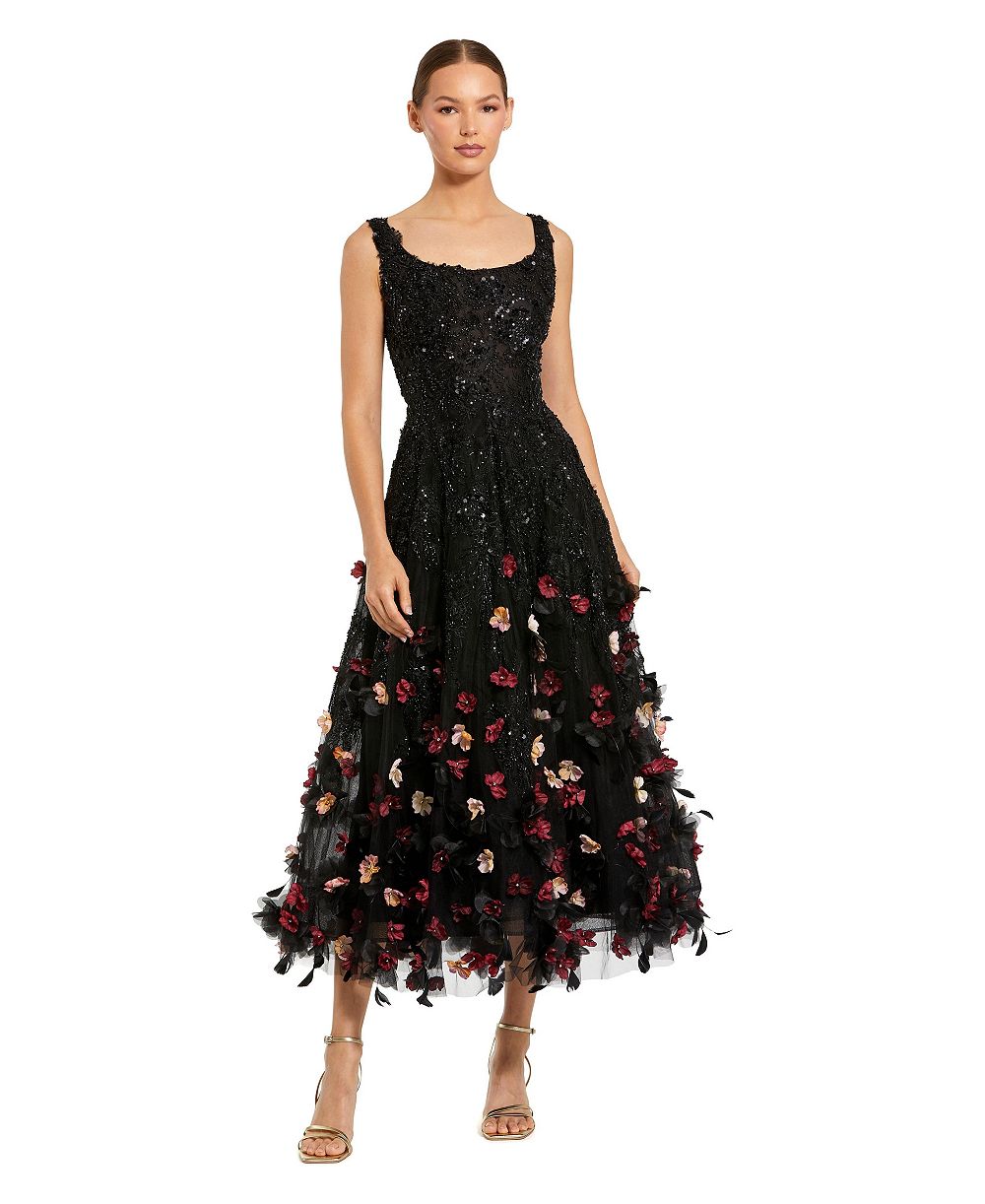 Платье Mac Duggal Petite Sleeveless Beaded Midi с 3D цветами