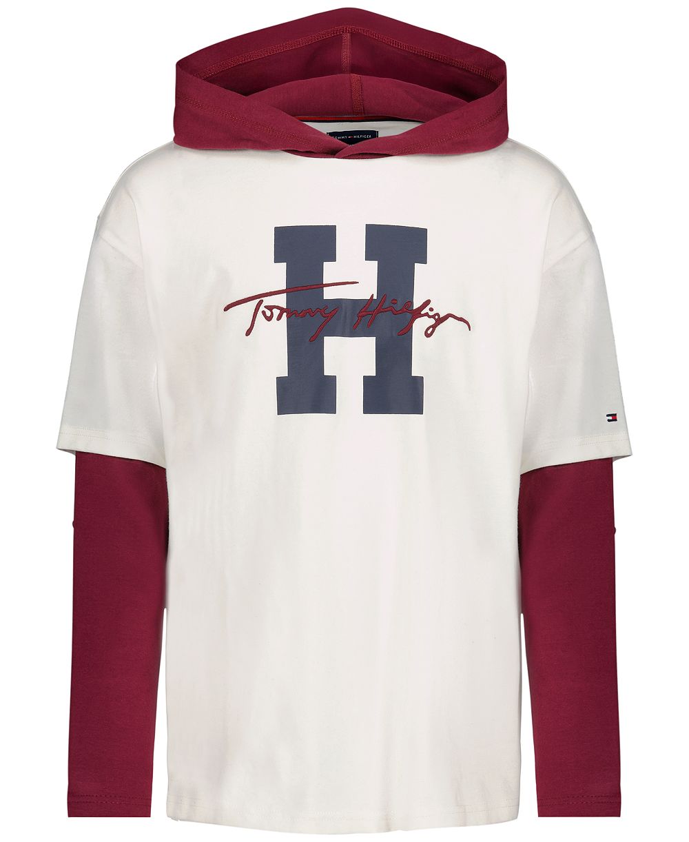 Tommy Hilfiger Boys' 8-20 H Script Hooded Doubler Long-Sleeve Drop-Shoulder T-Shirt