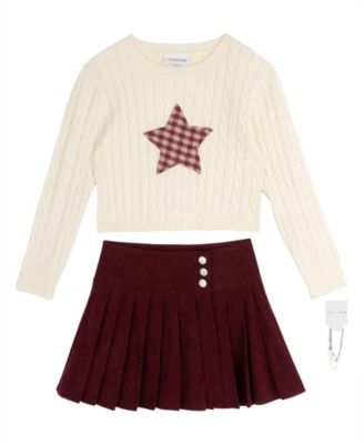Tween Diva Girls' 7-12 Cable-Knit Sweater, Plaid Star Skort and Bracelet, 3-Piece Set