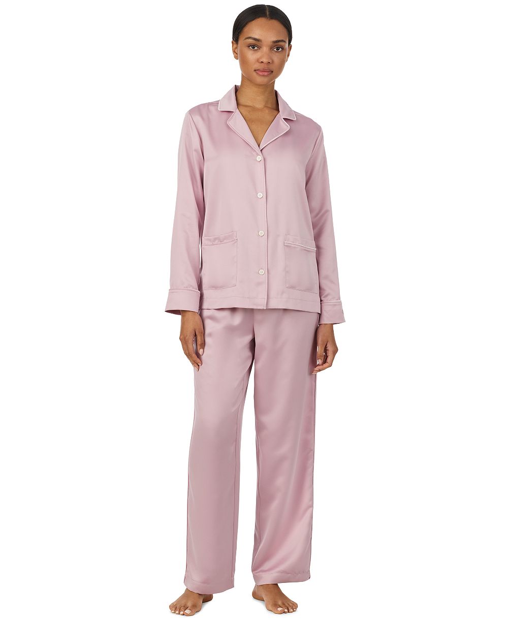 Lauren Ralph Lauren Women's Long-Sleeve Satin Notch-Collar Top and Pants, 2-Piece Set