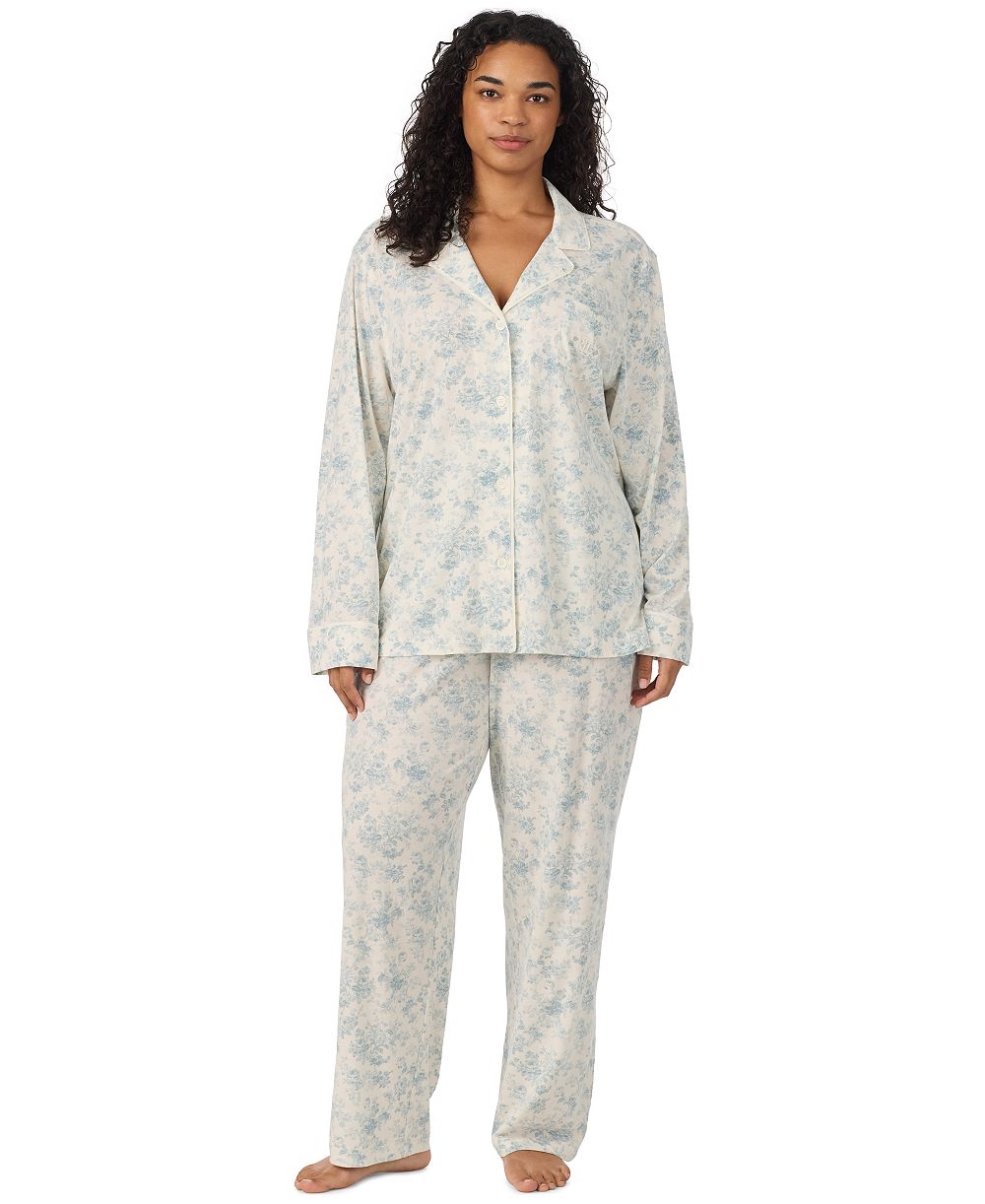 Lauren Ralph Lauren Plus Size Long-Sleeve Notch-Collar Floral-Print Top and Pajama Pants, 2-Piece Set
