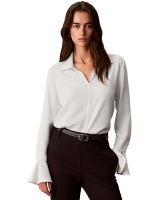 Calvin Klein Женская блузка с длинным рукавом, воланом на манжетах и вырезом-ключом